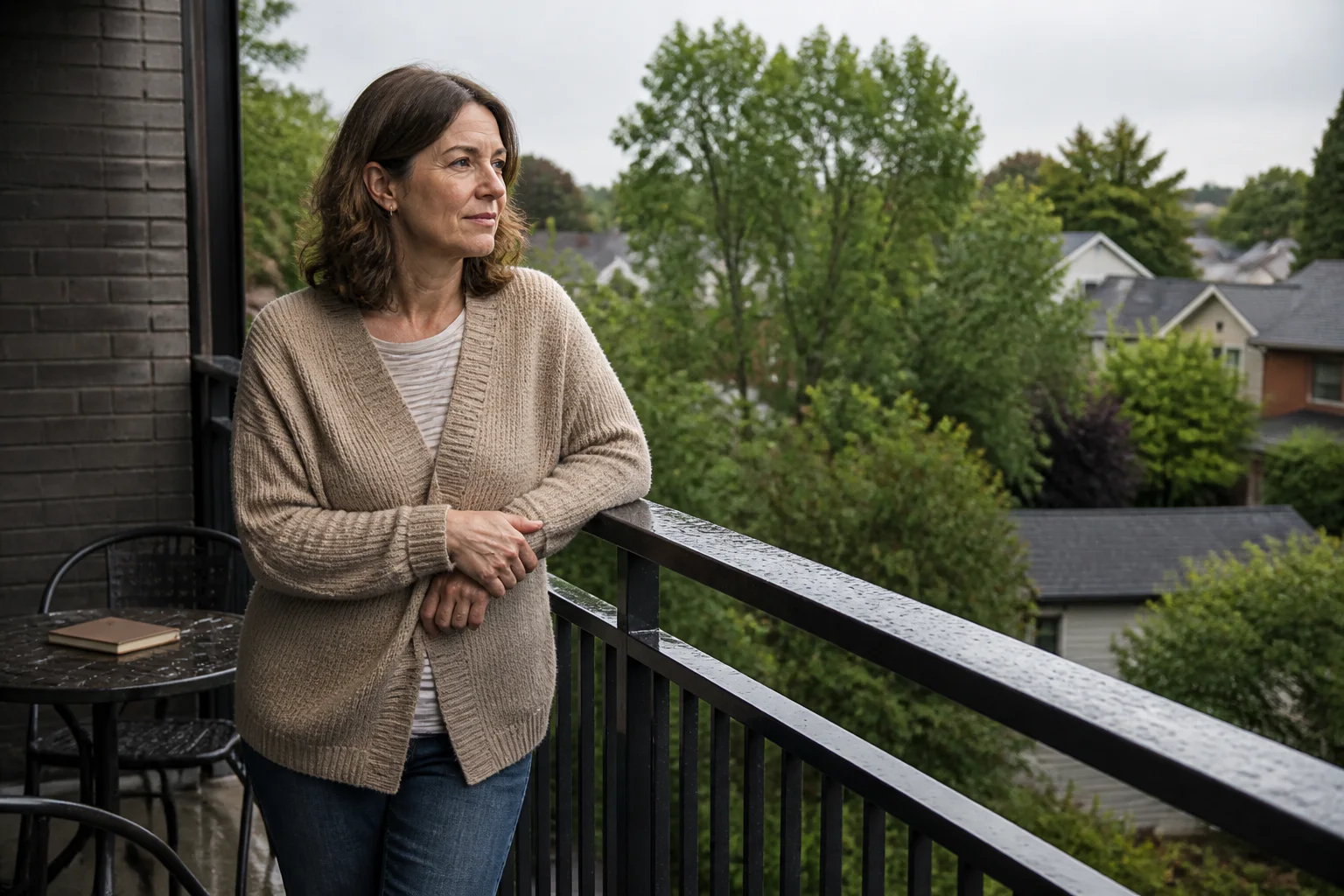 A woman takes a quiet moment for herself on her balcony after rain